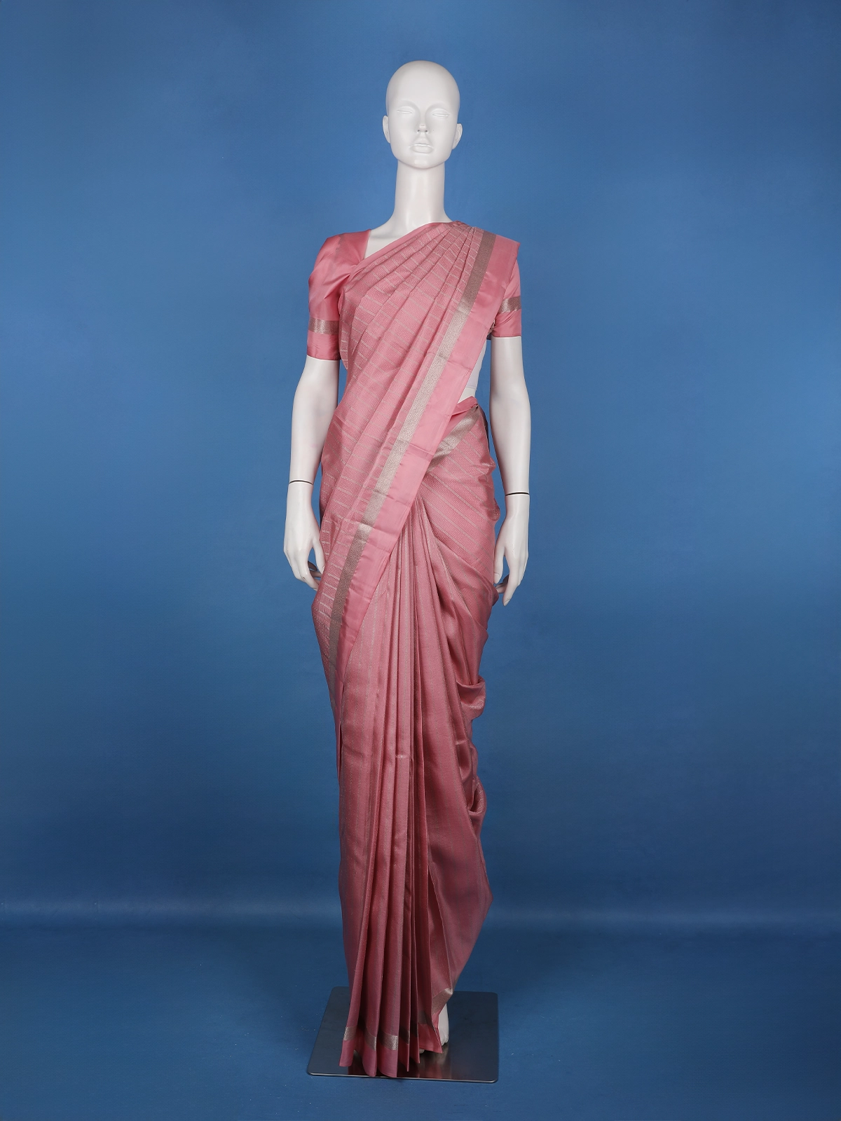 Dusty Rose Pink Striped Zari Border Silk Saree - Diadem