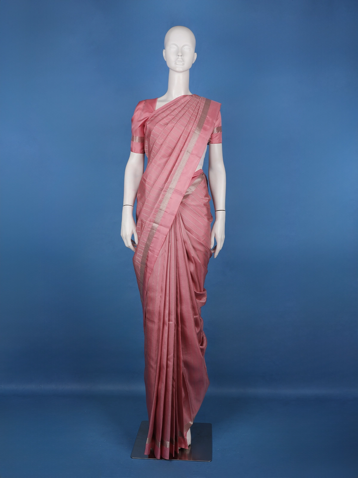 Dusty Rose Pink Striped Zari Border Silk Saree - Diadem