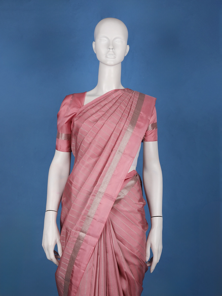 Dusty Rose Pink Striped Zari Border Silk Saree - Diadem