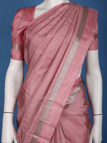 Dusty Rose Pink Striped Zari Border Silk Saree - Diadem