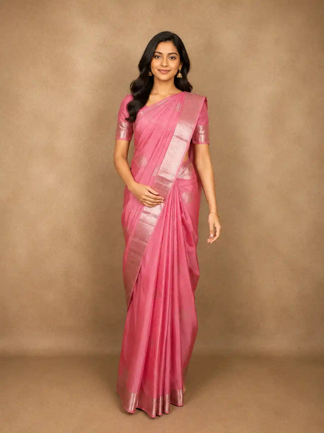 Dusty Rose Pink Stripes Zari Woven Design Pure Kanchipuram Silk Saree with Zari Border