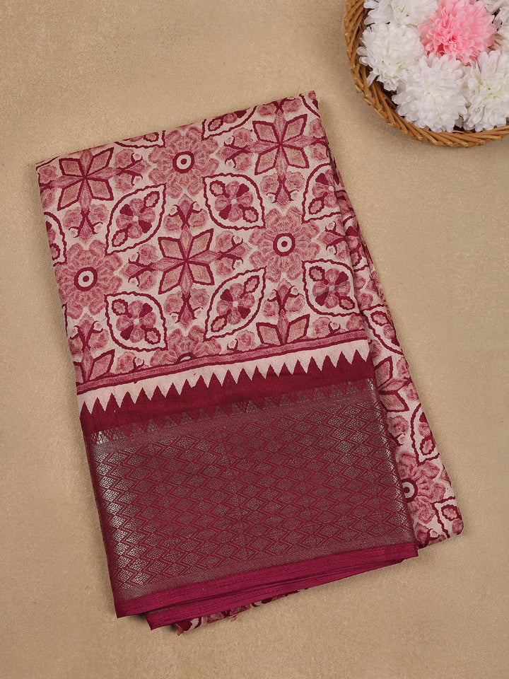 Dusty Rose Pink Geometric And Floral Design Printed Cotton Saree - Diadem