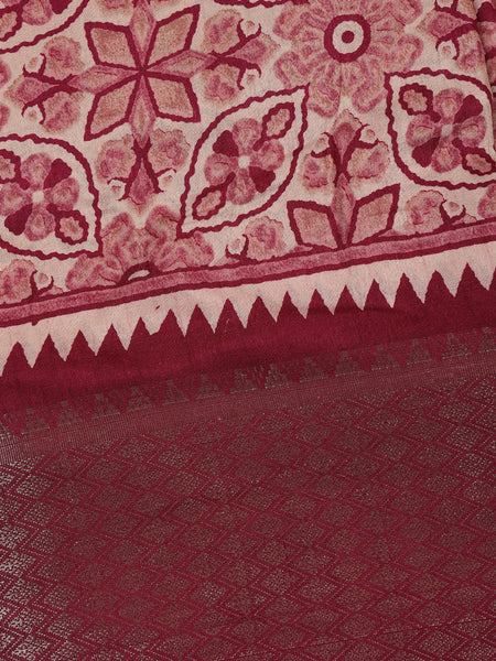 Dusty Rose Pink Geometric And Floral Design Printed Cotton Saree - Diadem