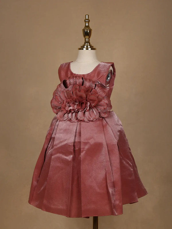 Dusty Rose Satin Party Frock with Oversized 3D Floral Embellishment - Diadem