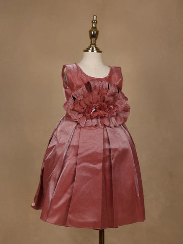 Dusty Rose Satin Party Frock with Oversized 3D Floral Embellishment - Diadem