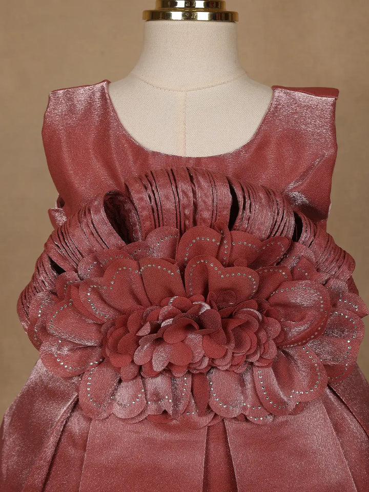 Dusty Rose Satin Party Frock with Oversized 3D Floral Embellishment - Diadem