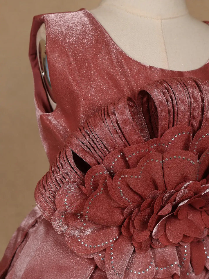 Dusty Rose Satin Party Frock with Oversized 3D Floral Embellishment - Diadem