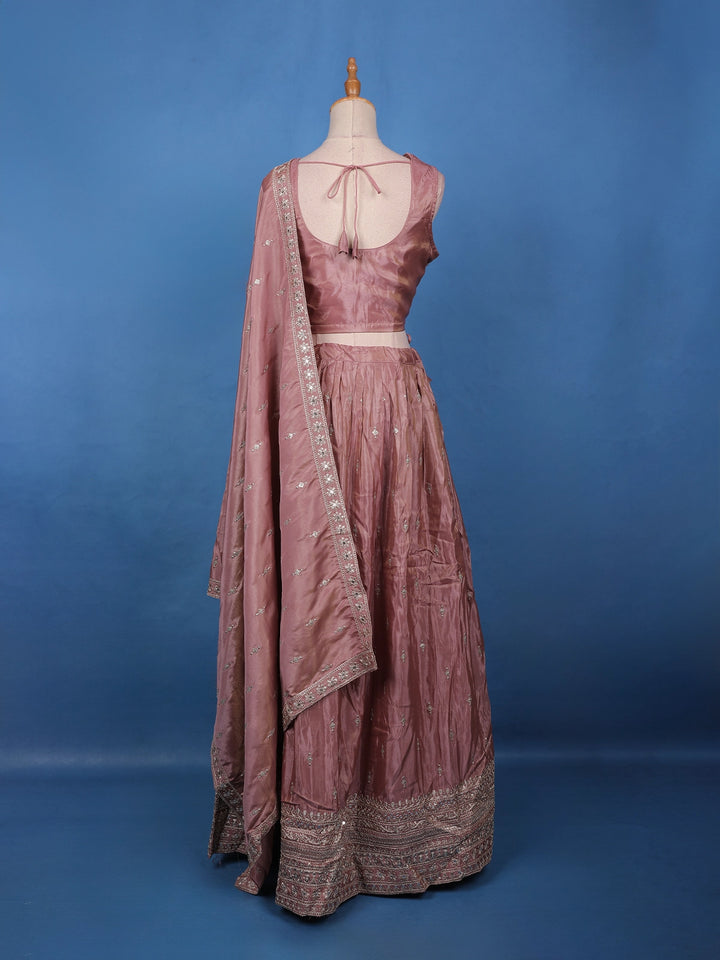 Dusty Rose Sequin Embroidered Crushed Silk Lehenga with Dupatta - Diadem