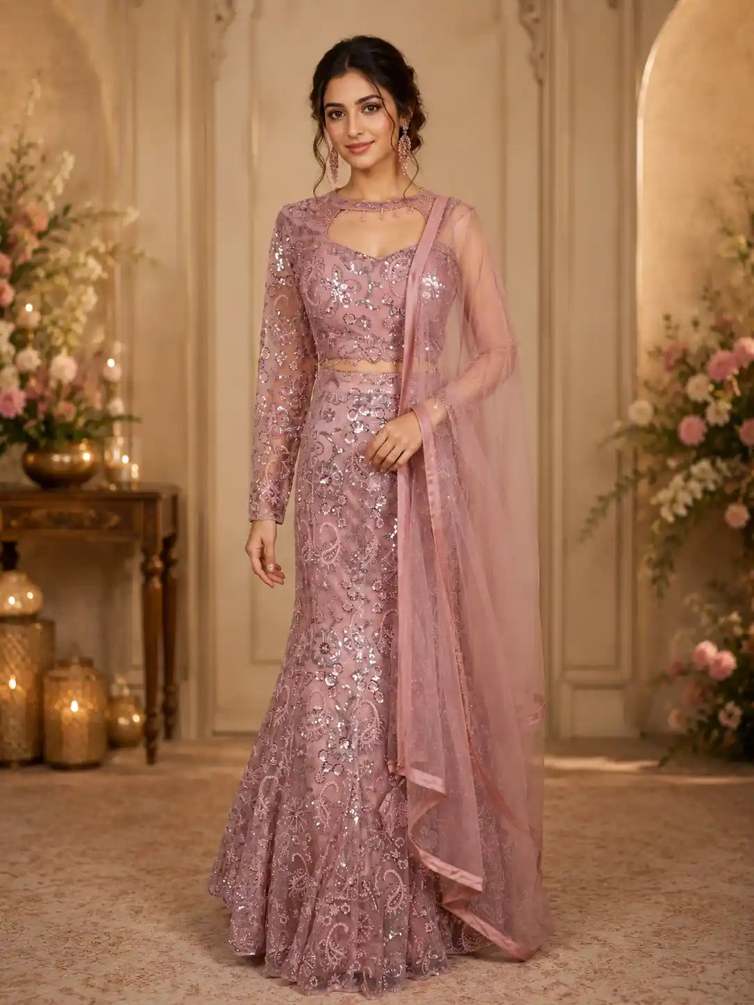 Dusty Rose Sequins Embroidered Net Mermaid Lehenga Set with One-Sleeve Choker Blouse