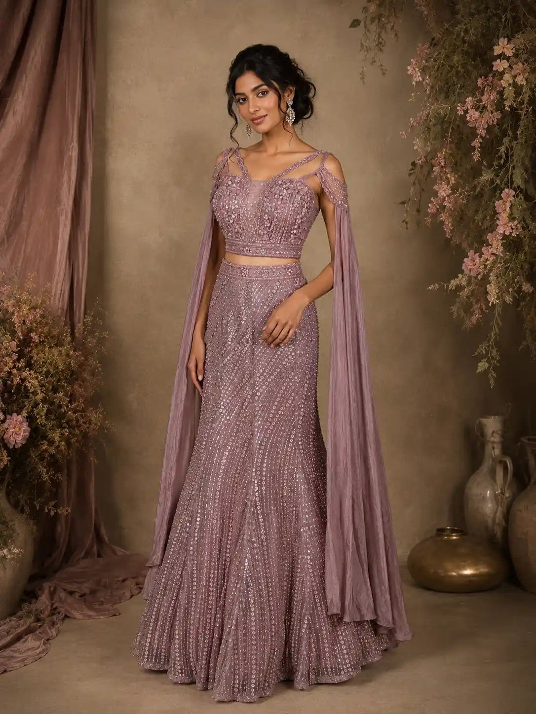 Dusty Rose Sequins and Bead Embroidered Net Mermaid Lehenga Set