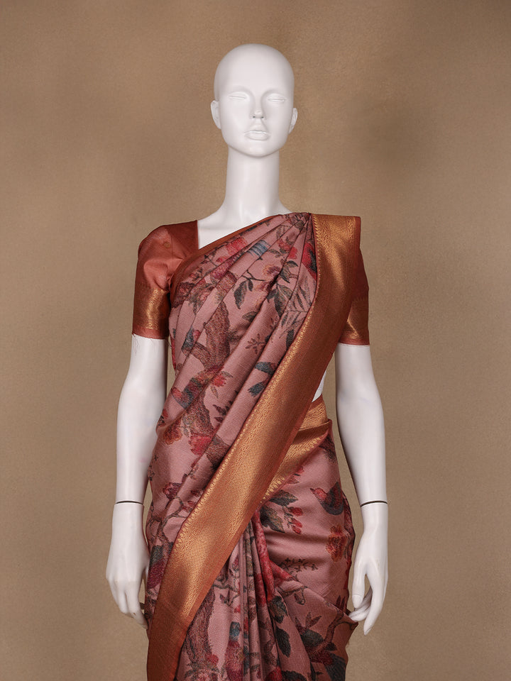 Dusty Rose Tropical Bird Printed Semi Tussar Saree - Diadem