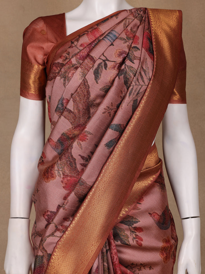 Dusty Rose Tropical Bird Printed Semi Tussar Saree - Diadem