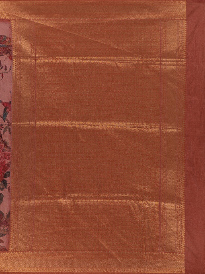 Dusty Rose Tropical Bird Printed Semi Tussar Saree - Diadem