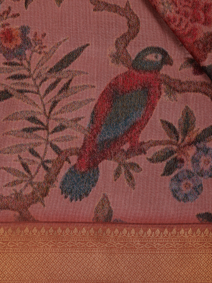 Dusty Rose Tropical Bird Printed Semi Tussar Saree - Diadem