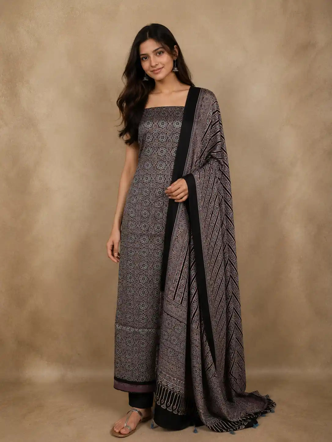 Dusty Taupe Brown Ajrakh Printed Design Cotton Unstitched Salwar Material with Dupatta