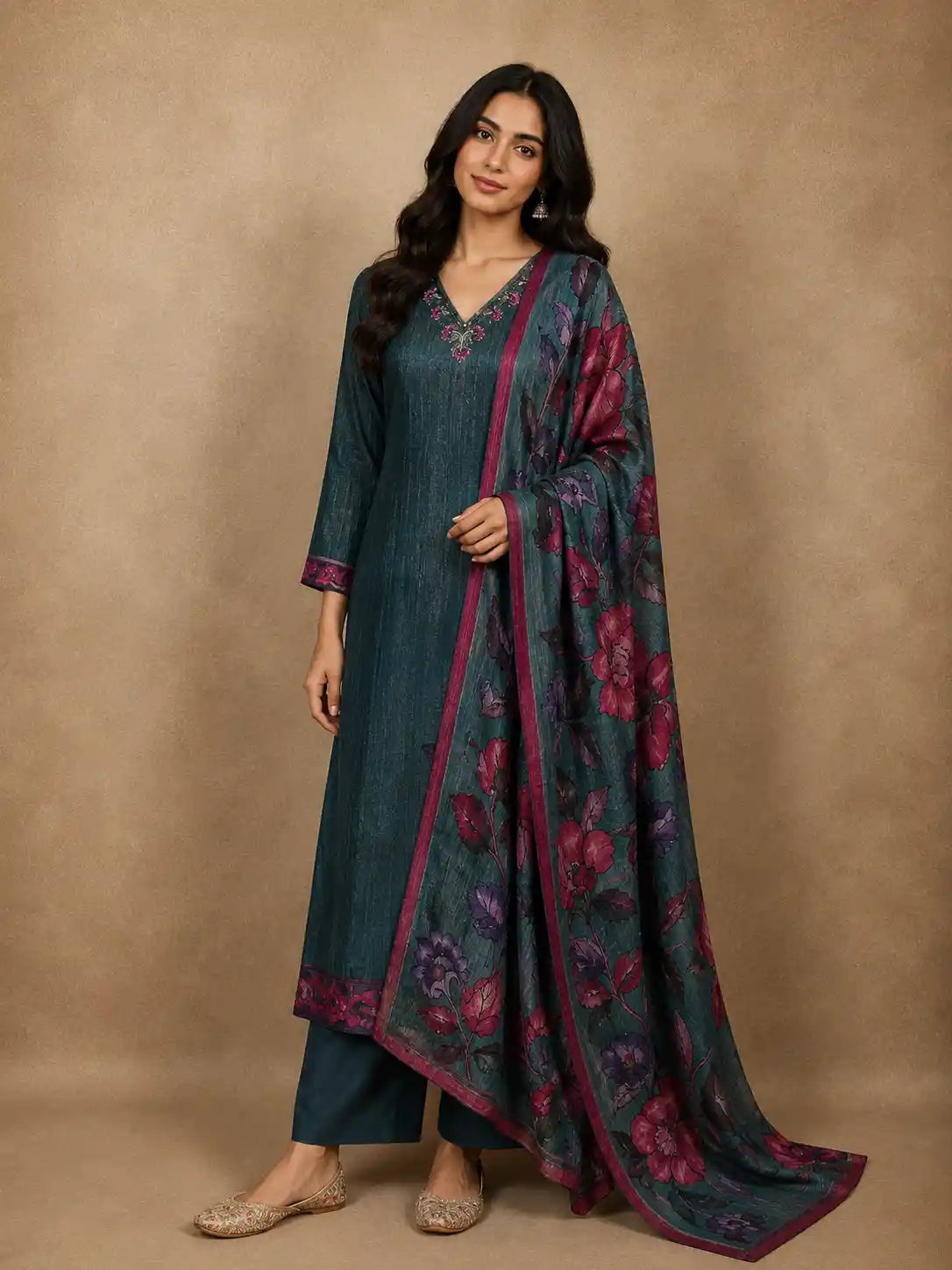Dusty Teal Blue Floral Sequins and Beads Embroidered Design Organza Salwar Suit with Dupatta