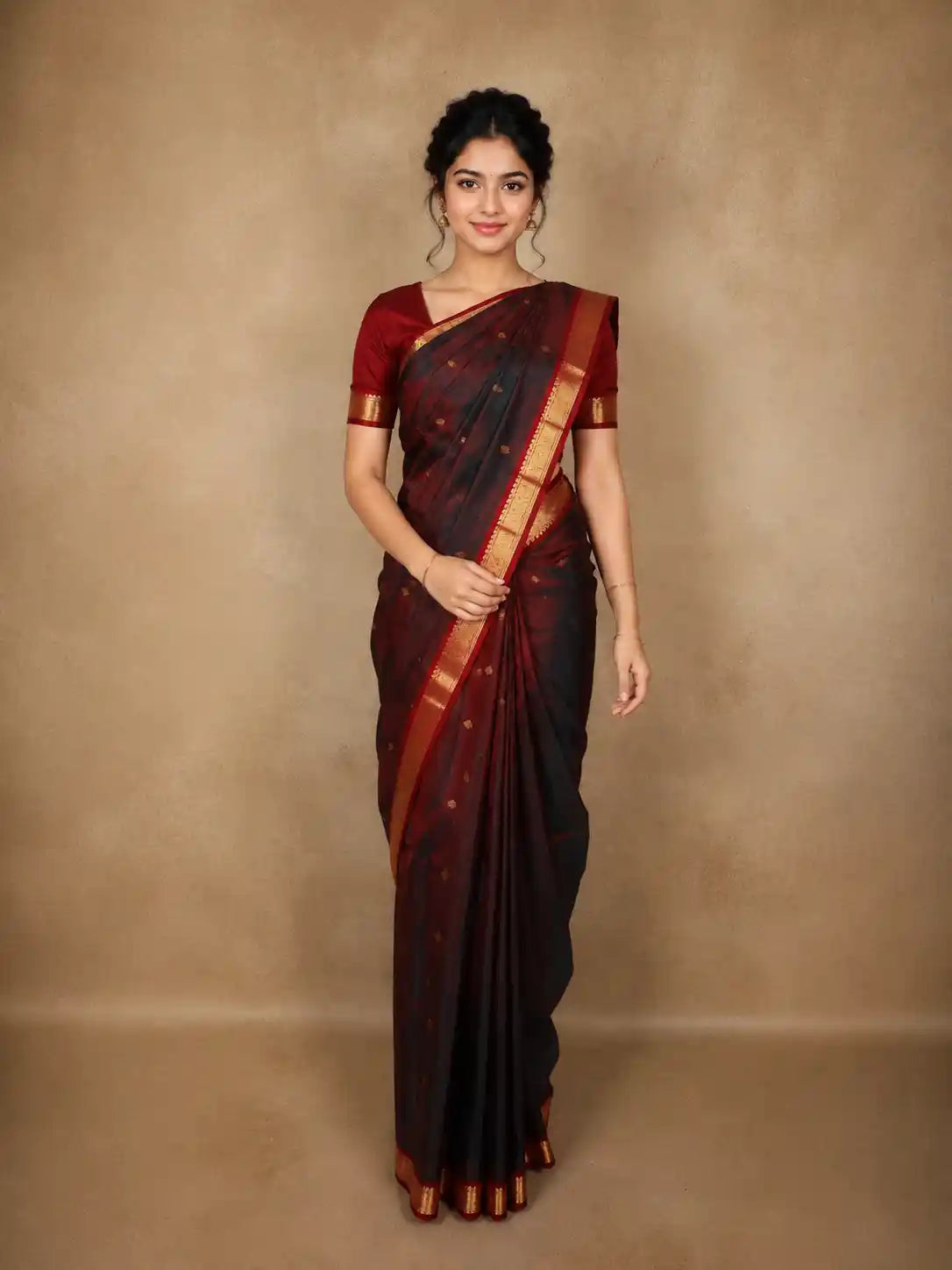 Dusty Wine Butta Zari Woven Design Kanchipuram Silk Saree with Contrast Zari Border