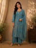 Elegant Teal Blue Floral Sequins and Beads Embroidered Design Organza Straight Cut Salwar Suit