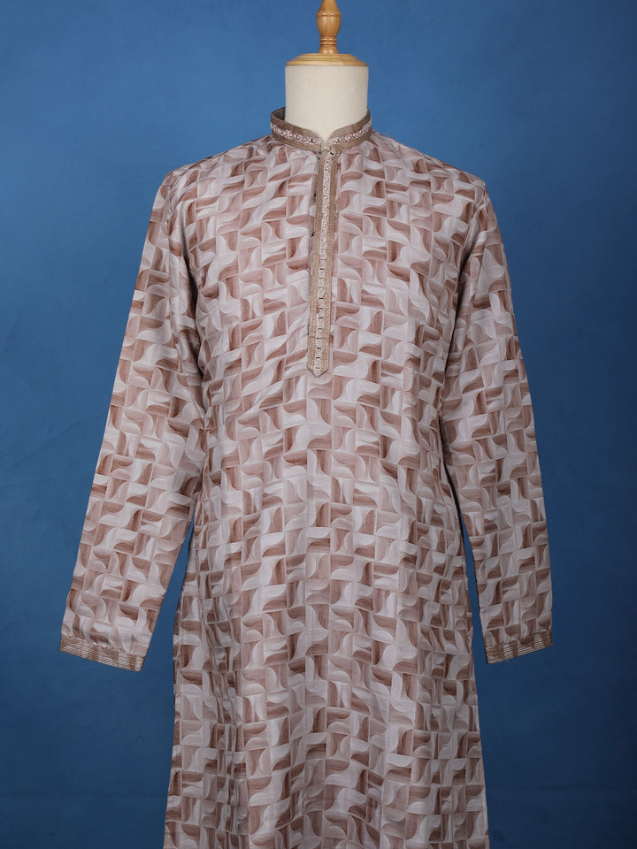 Elegant Beige Geometric Printed Cotton Kurta - Diadem