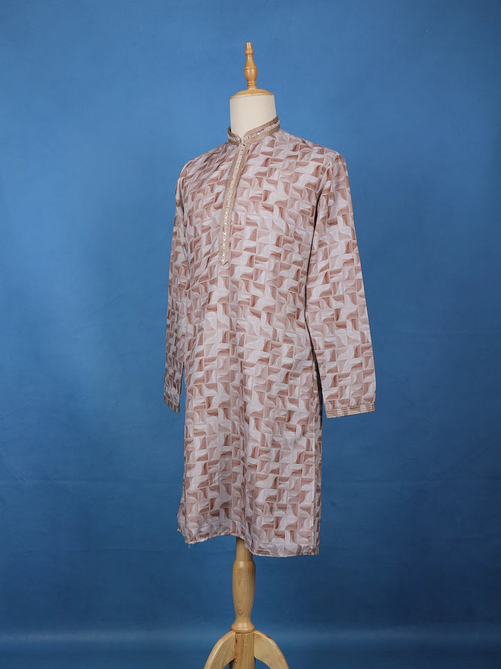 Elegant Beige Geometric Printed Cotton Kurta - Diadem