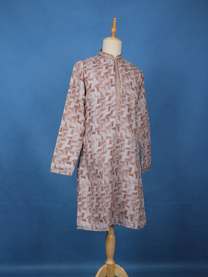 Elegant Beige Geometric Printed Cotton Kurta - Diadem