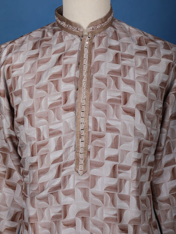 Elegant Beige Geometric Printed Cotton Kurta - Diadem