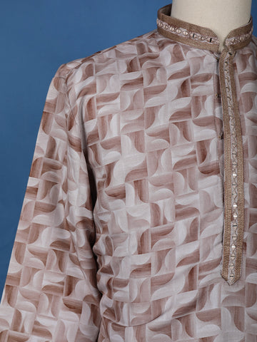Elegant Beige Geometric Printed Cotton Kurta - Diadem