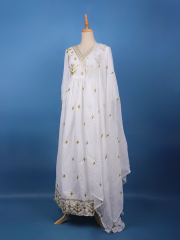 Elegant White Anarkali Style Floral Embroidery Salwar Suit - Diadem