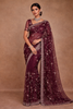 Wine Floral Sequins Embroidered Organza Saree