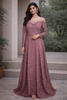 Onion Pink Net Gown with Embroidery, Stone Floral and Bishop Sleeves