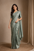 Sea Green Floral Checked Semi Tussar Saree With Silver Zari Border