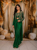 Emerald Green Floral Beads and Zardozi Embroidered Design Satin Party Wear Jacket Style Saree with Stitched Blouse