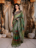Emerald Green Horizontal Striped Zari Woven Design Pure Tissue Silk Party Wear Saree with Birds Motif Border