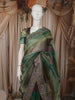 Emerald Green Horizontal Striped Zari Woven Design Pure Tissue Silk Party Wear Saree with Birds Motif Border