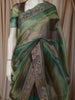 Emerald Green Horizontal Striped Zari Woven Design Pure Tissue Silk Party Wear Saree with Birds Motif Border