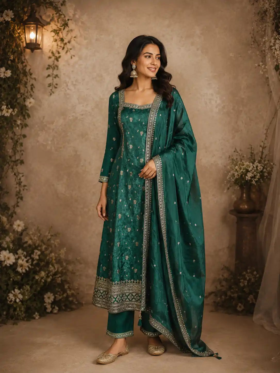 Emerald Green Floral Woven Tissue Silk Palazzo Suit with Zari Border Dupatta