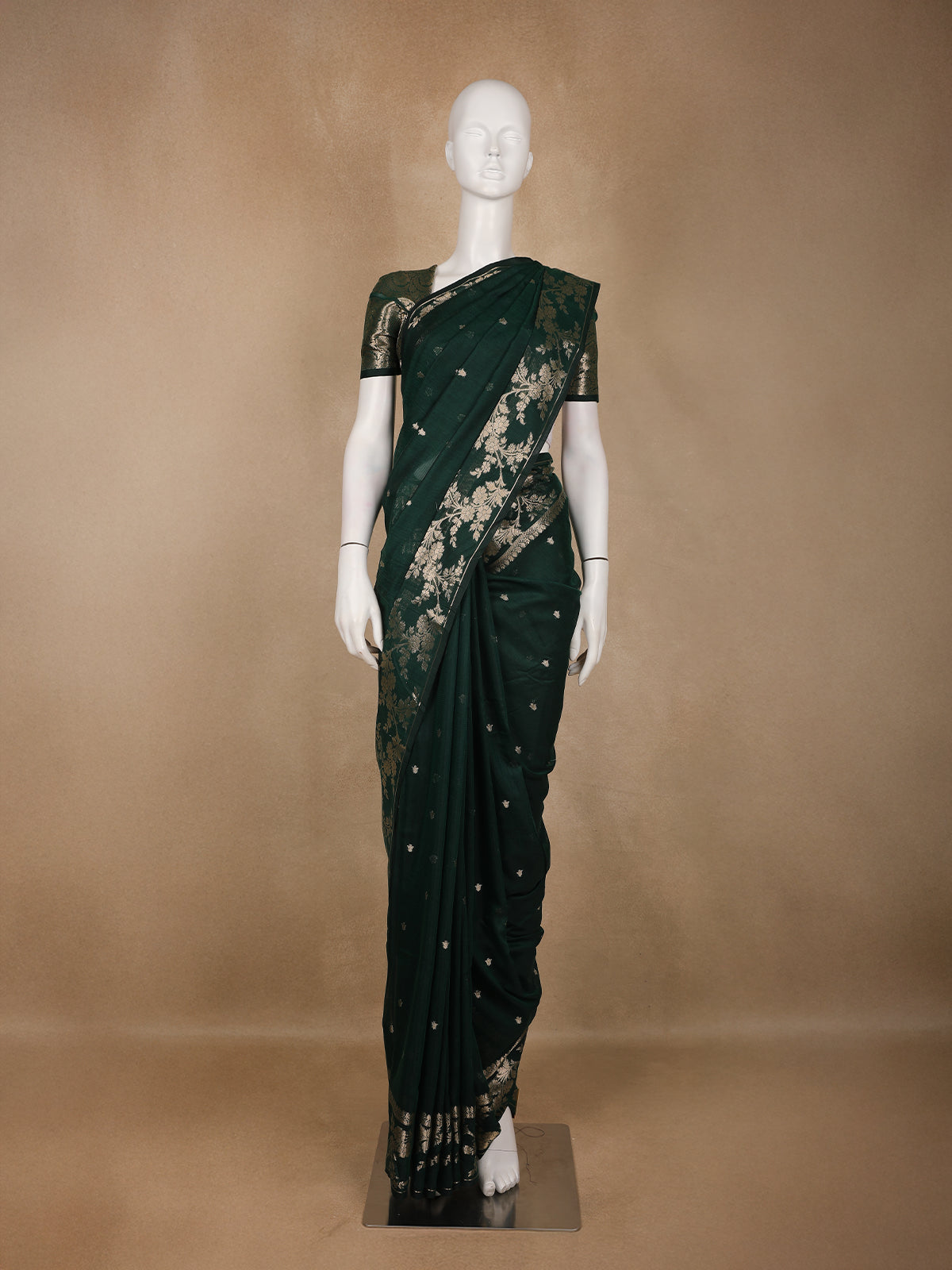 Emerald Green Woven Banarasi Silk Saree with Floral Zari Border - Diadem