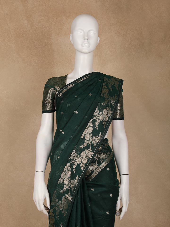 Emerald Green Woven Banarasi Silk Saree with Floral Zari Border - Diadem