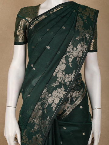 Emerald Green Woven Banarasi Silk Saree with Floral Zari Border - Diadem