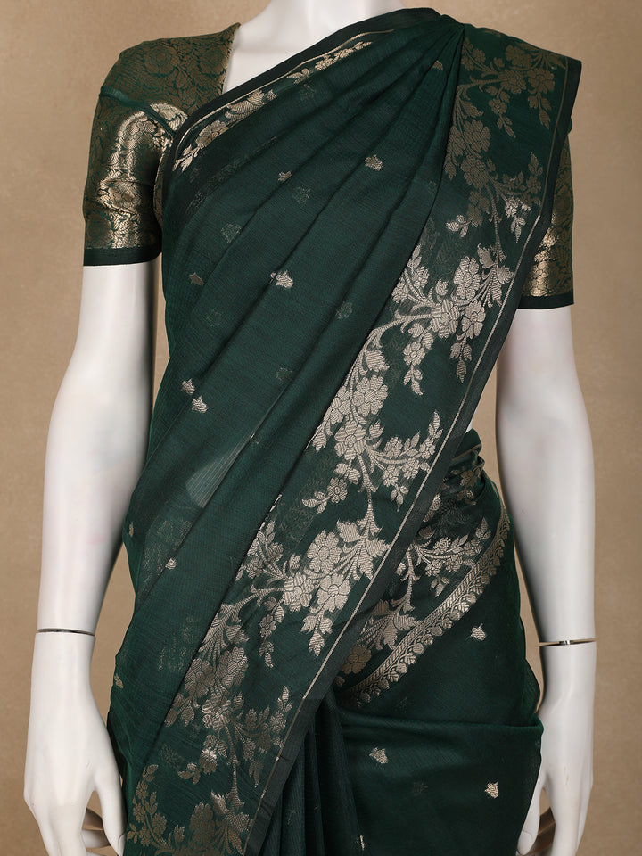 Emerald Green Woven Banarasi Silk Saree with Floral Zari Border - Diadem