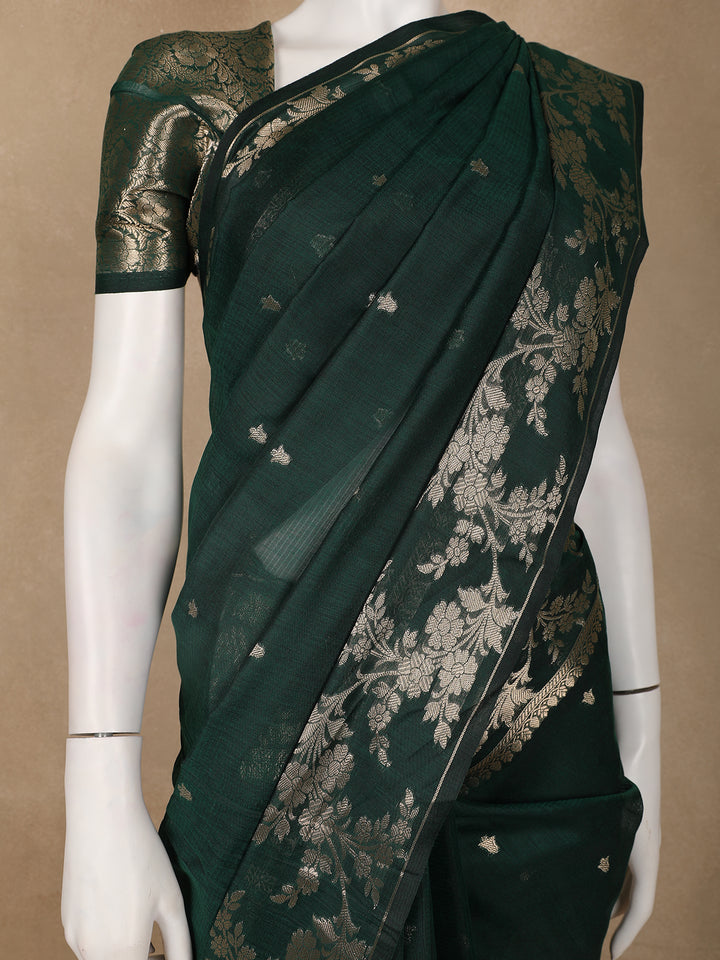 Emerald Green Woven Banarasi Silk Saree with Floral Zari Border - Diadem