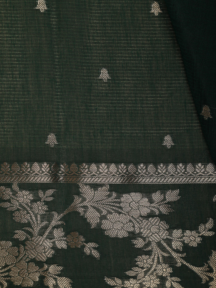 Emerald Green Woven Banarasi Silk Saree with Floral Zari Border - Diadem