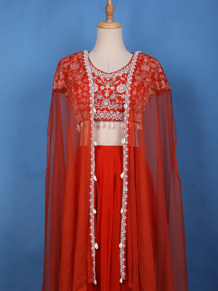 Fiery Red Pearl and Sequin Embellishments Georgette Crepe Top - Diadem