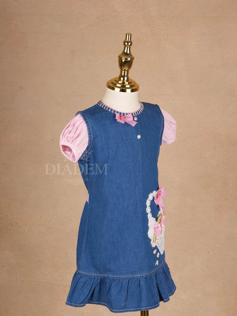 Floral Basket Denim Frock for Girls