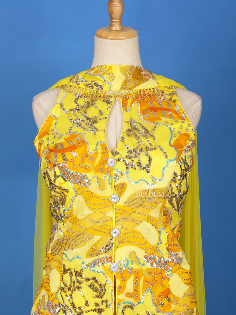 Yellow Palazzo Suit Adorned with Floral Embroidery, Paired With Choker Dupatta