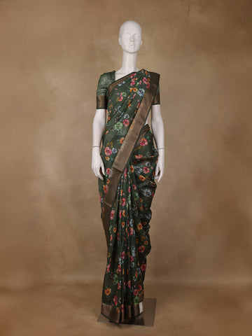 Forest Green Floral Design Tussar Silk Saree - Diadem