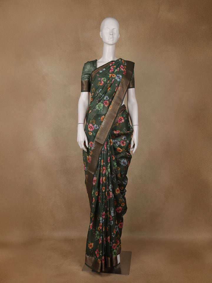 Forest Green Floral Design Tussar Silk Saree - Diadem