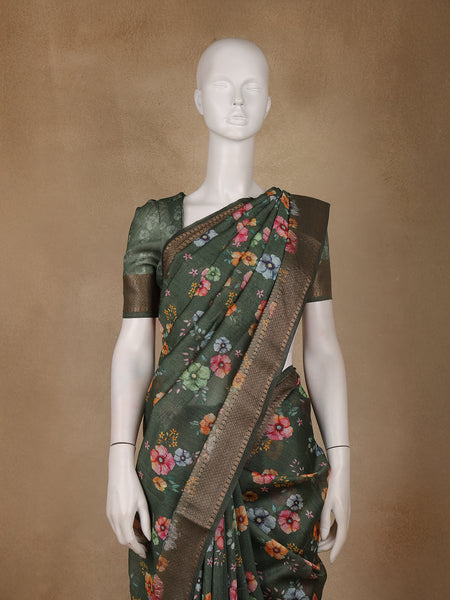 Forest Green Floral Design Tussar Silk Saree - Diadem