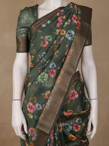 Forest Green Floral Design Tussar Silk Saree - Diadem