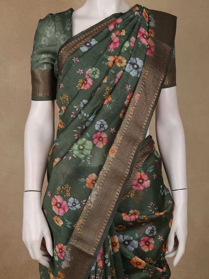 Forest Green Floral Design Tussar Silk Saree - Diadem